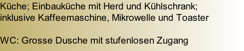 Küche; Einbauküche mit Herd und Kühlschrank;  inklusive Kaffeemaschine, Mikrowelle und Toaster  WC: Grosse Dusche mit stufenlosen Zugang